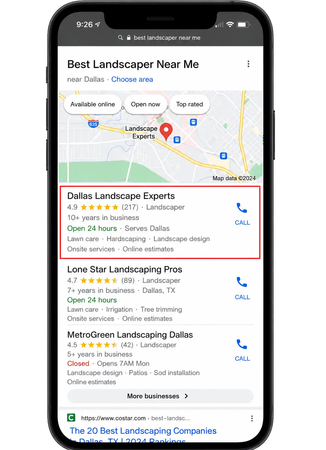 A phone showing the Google map pack for 'best landscaper near me', with the top-ranked business highlighted at number one.