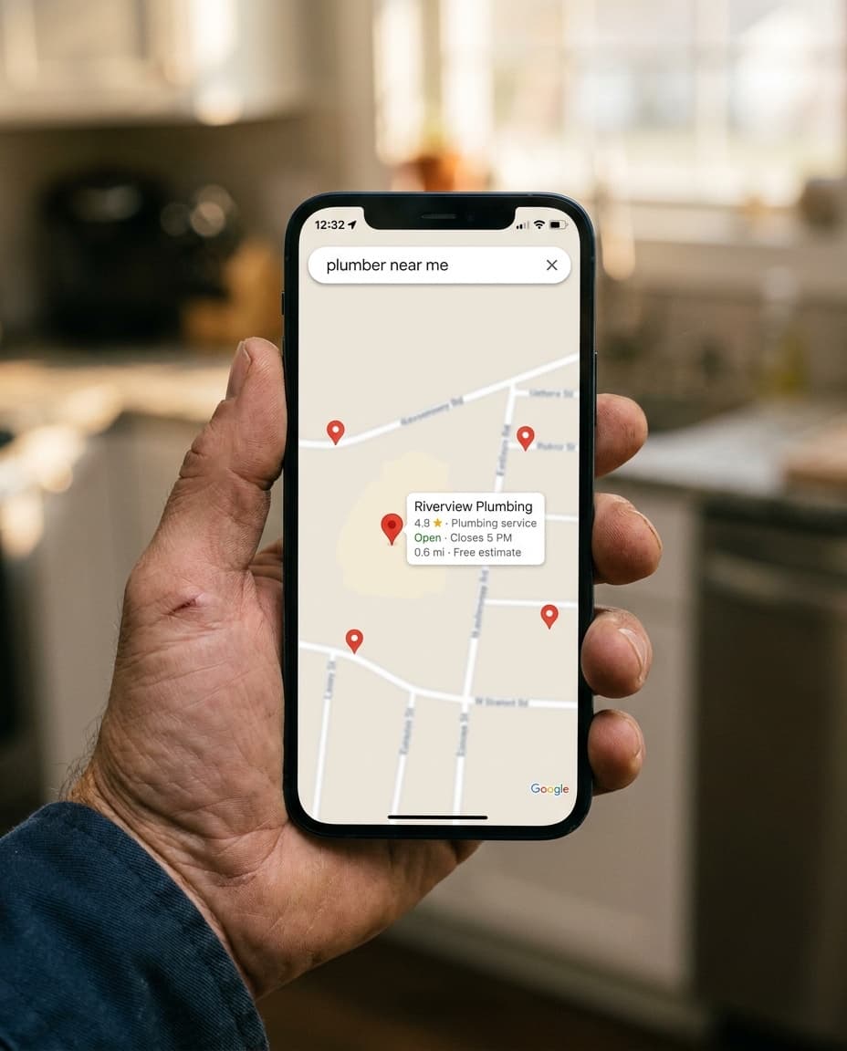Plumber holding phone showing a Google Maps result with his shop ranked at the top of the local pack
