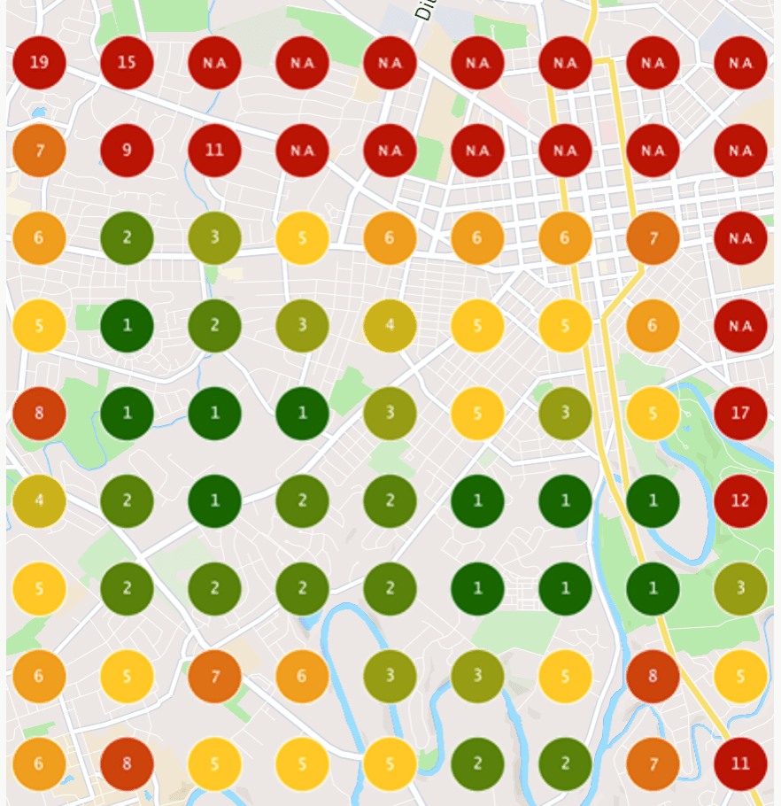 The same rank map six days later, now filled with green pins — the business ranking in the top three across most of the area.
