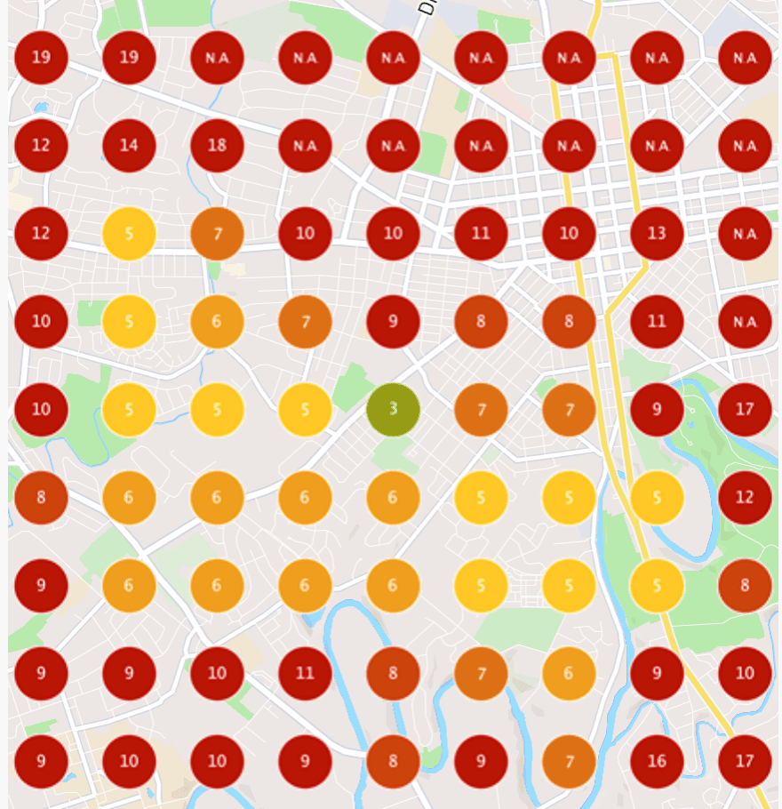 A local rank map showing mostly red and orange pins — the business outside the top three across nearly the whole area.