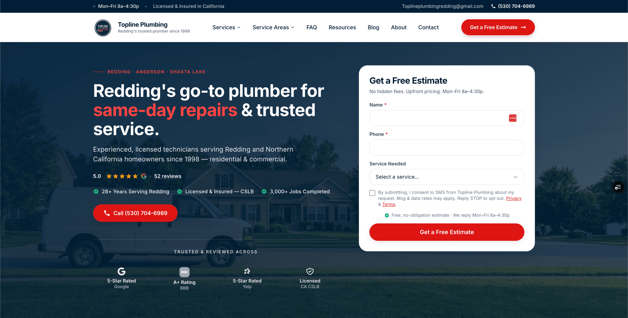A contractor website built with the Omnipresent system, showing the hero, a lead form, and trust badges.