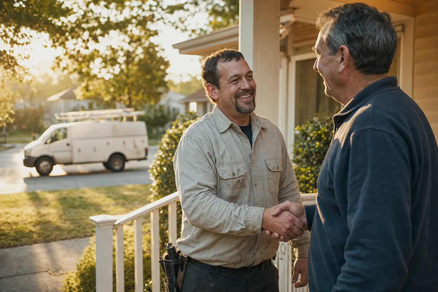 A contractor shaking hands with a happy homeowner on the front porch after finishing a job.