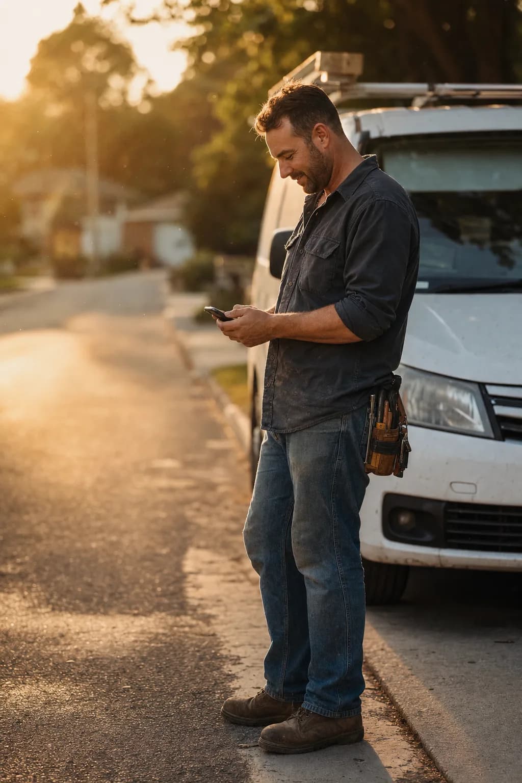 An independent home-service contractor checking his phone beside his work van in golden-hour light.