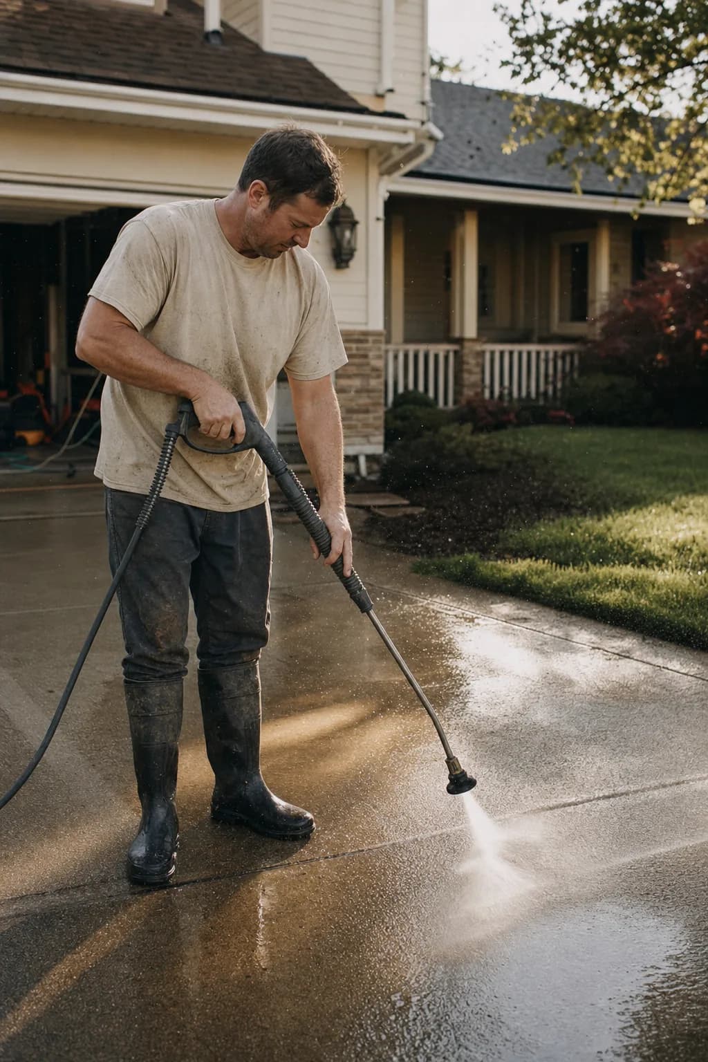 A pressure washing professional at work