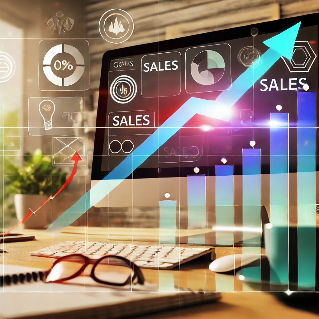 A desk with glasses, keyboard, and plant. A computer screen displays sales graphs and charts. Digital graphics overlay show upward trends, arrows, and percentages, indicating business growth and data analysis. Bright and modern office setting.