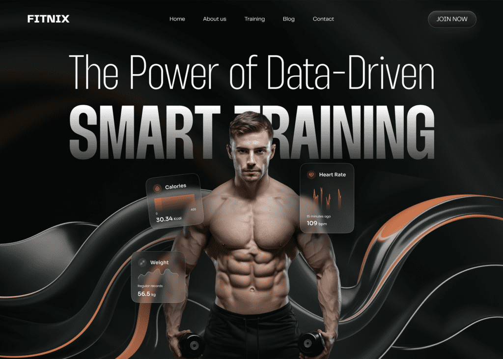 A muscular man holding dumbbells is shown on a fitness website titled The Power of Data-Driven Smart Training. Fitness metrics like calories, heart rate, and weight are displayed beside him. The background features dynamic black and orange graphics.