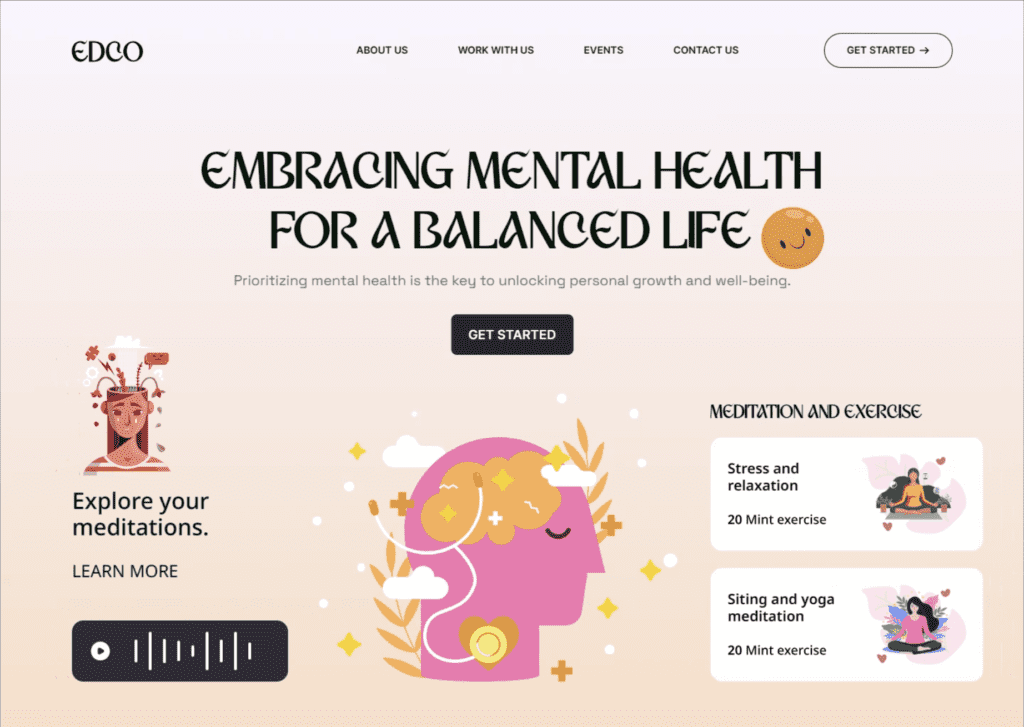 Website homepage for EDCO, featuring mental health themes. A large pink head with nature illustrations represents balance. Buttons for meditation guides: Stress and relaxation and Sitting and yoga meditation. Text promotes mental health awareness.