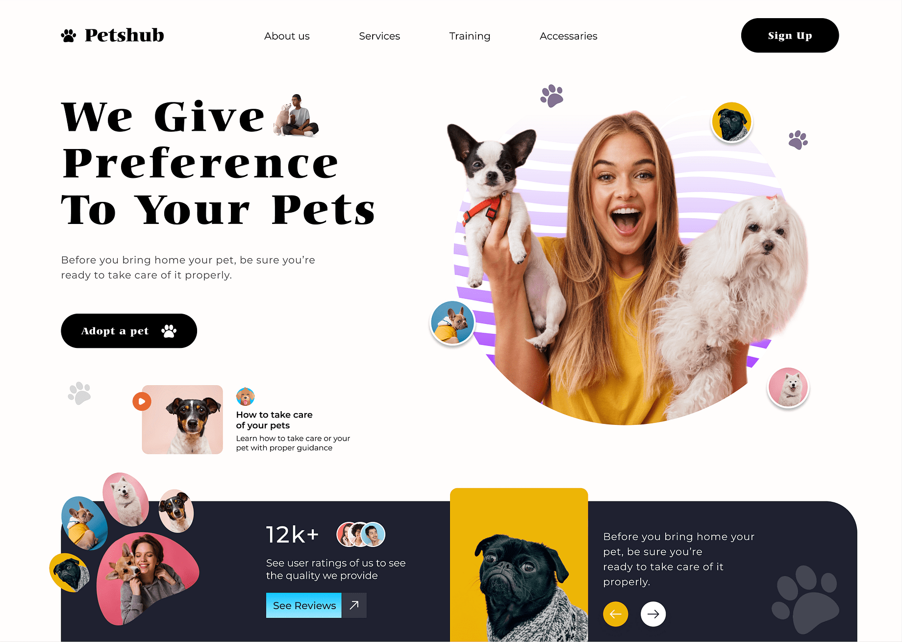 A website landing page for Petshub featuring a woman holding a small dog, surrounded by pet icons. Headline reads, We Give Preference To Your Pets. Includes buttons for adopting a pet and viewing reviews. Bottom section highlights a pet care guide.