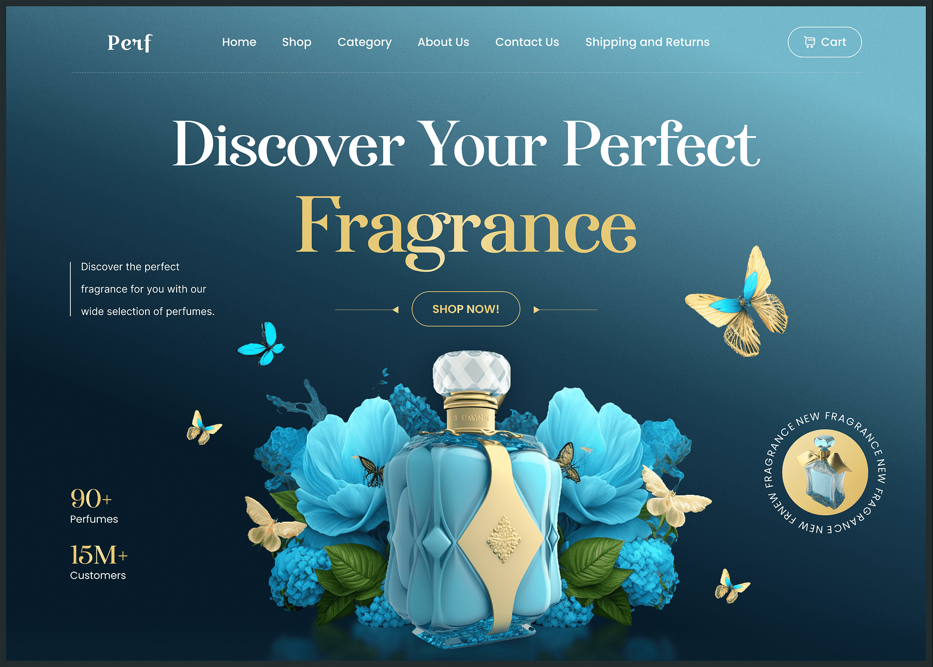 A website homepage for Perf featuring a blue perfume bottle surrounded by blue flowers and yellow butterflies. The text reads Discover Your Perfect Fragrance with options to shop and explore over 90 perfumes and 15M+ customers.