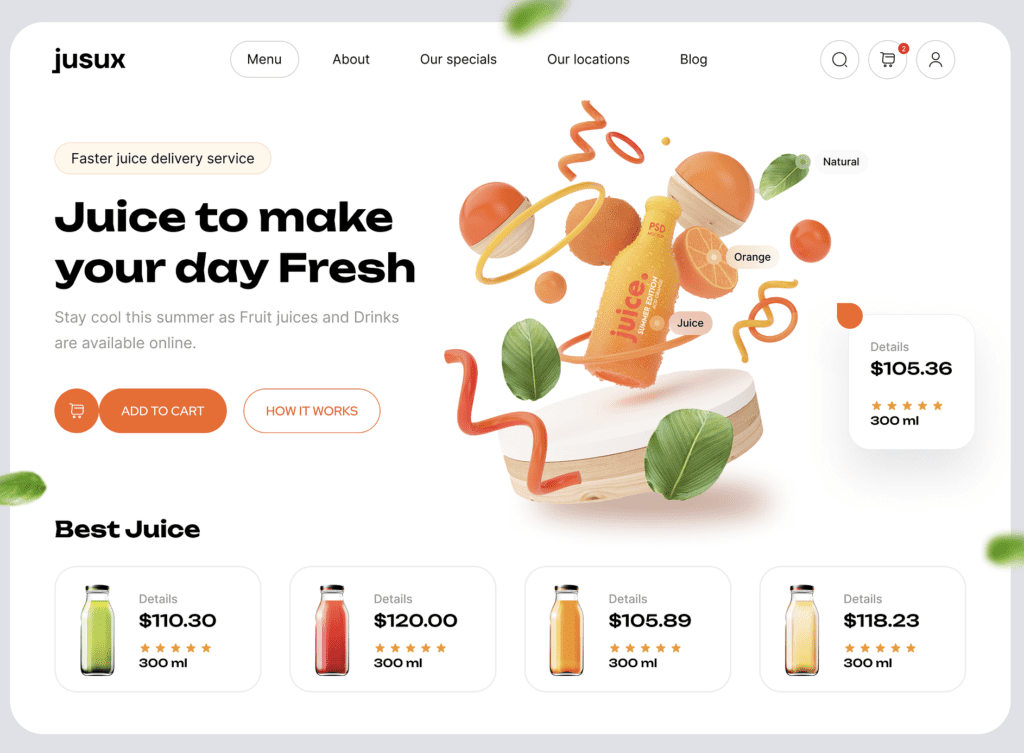 Colorful website design for Jusux showcasing a fruit juice delivery service. Features floating juice bottles with fruits and leaves. Includes pricing and Add to Cart options. Vibrant, modern aesthetics with playful typography and elements.