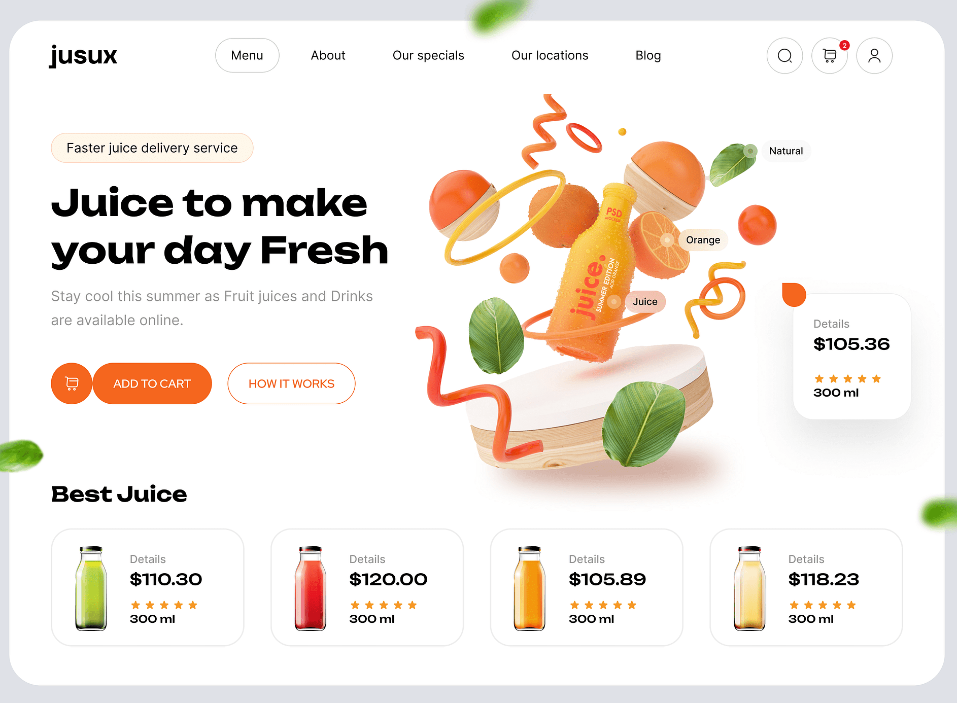 Colorful website design for Jusux showcasing a fruit juice delivery service. Features floating juice bottles with fruits and leaves. Includes pricing and Add to Cart options. Vibrant, modern aesthetics with playful typography and elements.