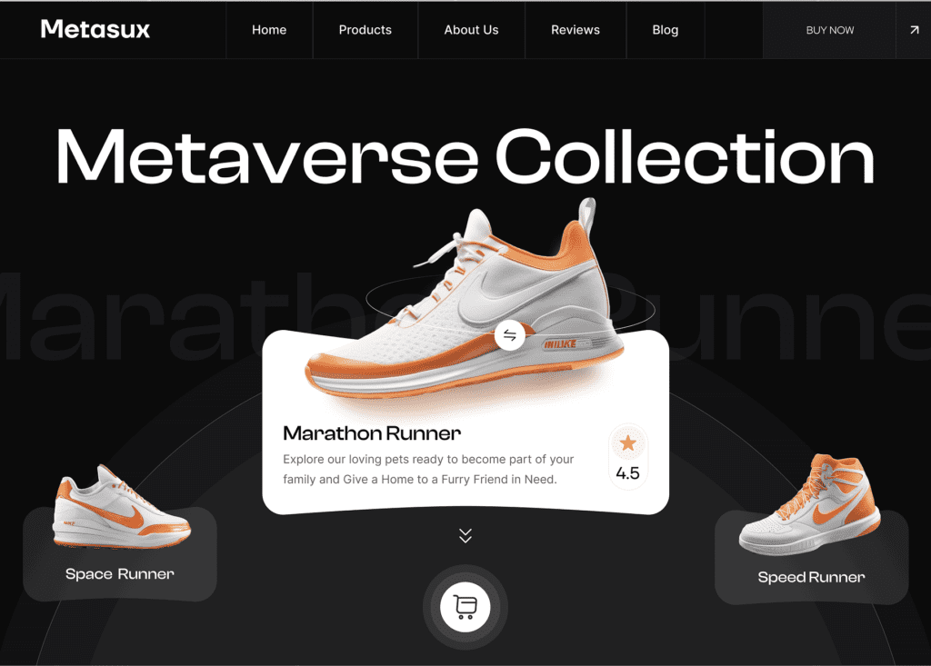 Metasux website showcasing the Metaverse Collection. Central focus on the Marathon Runner shoe with white and orange design, rated 4.5 stars. Other styles include Space Runner and Speed Runner. Features navigation links and a buy button.