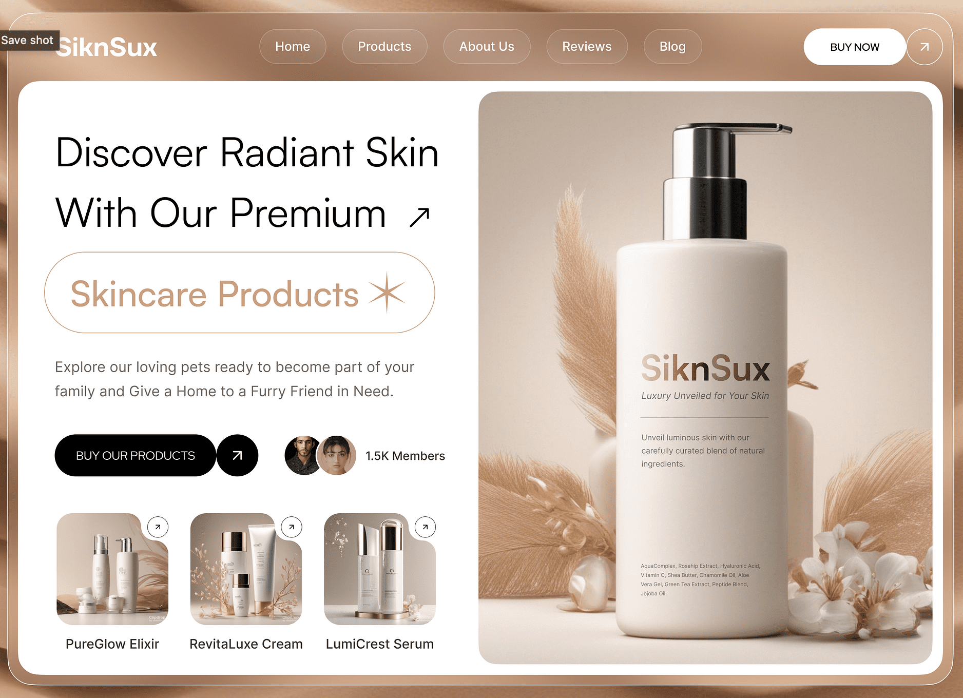 A skincare product webpage featuring a large bottle with a pump dispenser. The design includes soft, neutral colors and decorative feathers. Text highlights premium skincare products and an invitation to explore the product range.