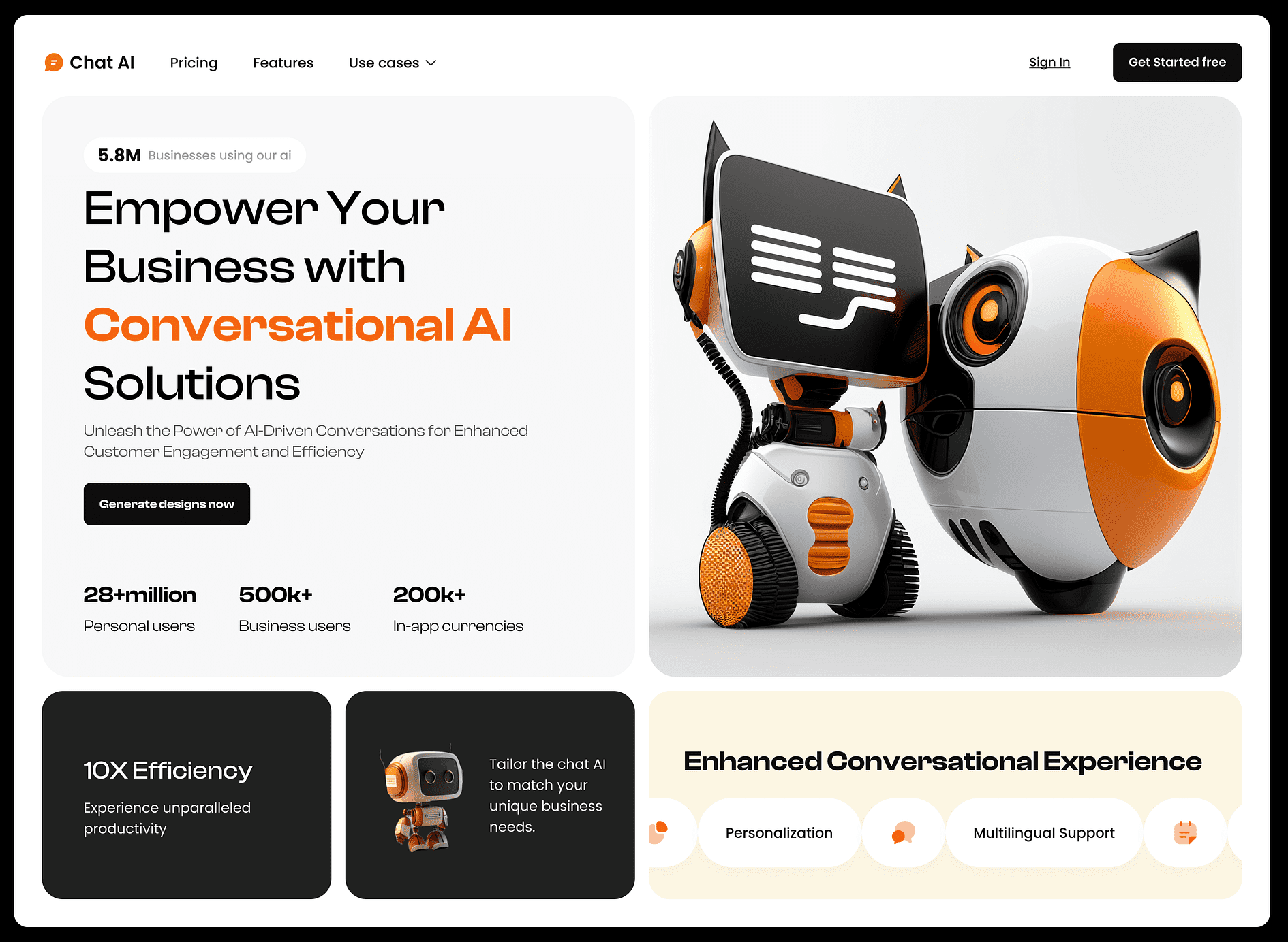 A webpage promoting Chat AI services features a futuristic robot with cat ears holding a black screen. Highlights include user statistics, efficiency claims, and options for personalization, multilingual support, and enhanced conversational experiences.