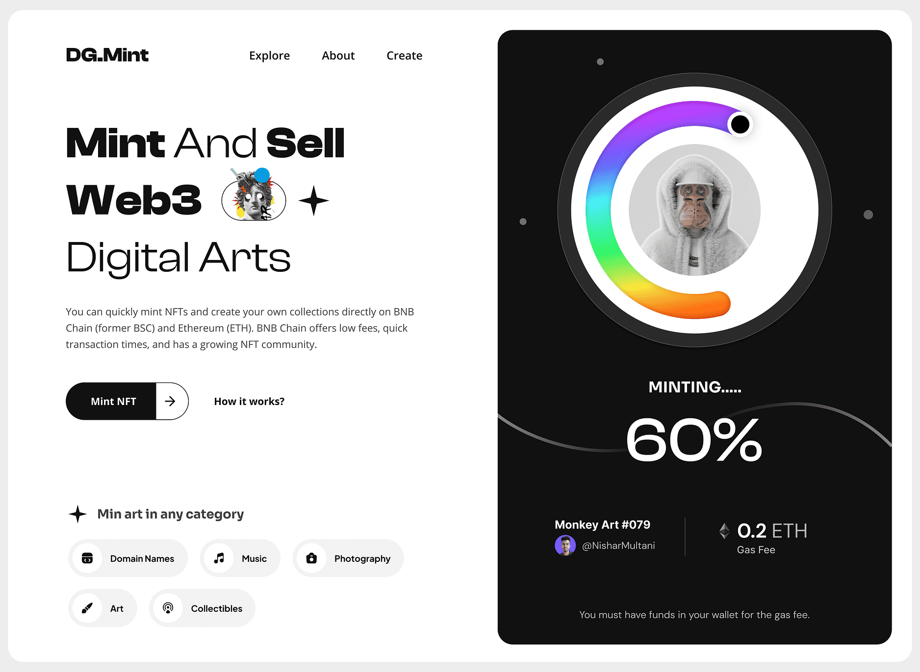 A digital art platform interface for minting Web3 NFTs. It features a Mint NFT button, stats showing minting at 60% complete, and an icon of a monkey astronaut with a username and 0.2 ETH gas fee. Various art categories are listed.