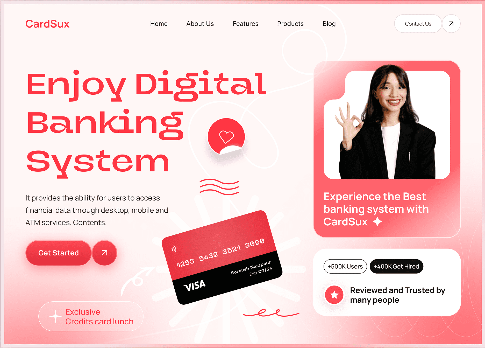 A promotional webpage for CardSux, featuring the slogan Enjoy Digital Banking System. Includes a smiling woman making an OK gesture, a red VISA card graphic, and buttons for getting started. Mentions over 500K users and 400K hiring rate.