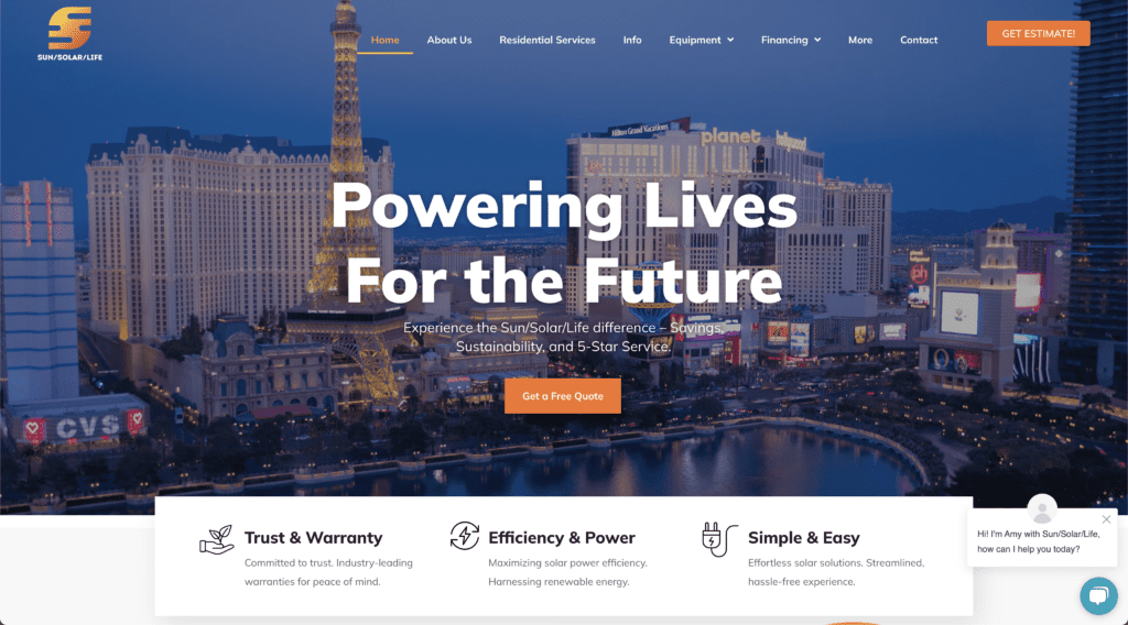 Website homepage for SunSolarLife featuring a nighttime city skyline with bright lights. The main text reads Powering Lives For the Future, and includes menu options and call-to-action buttons for quotes and customer service chat.