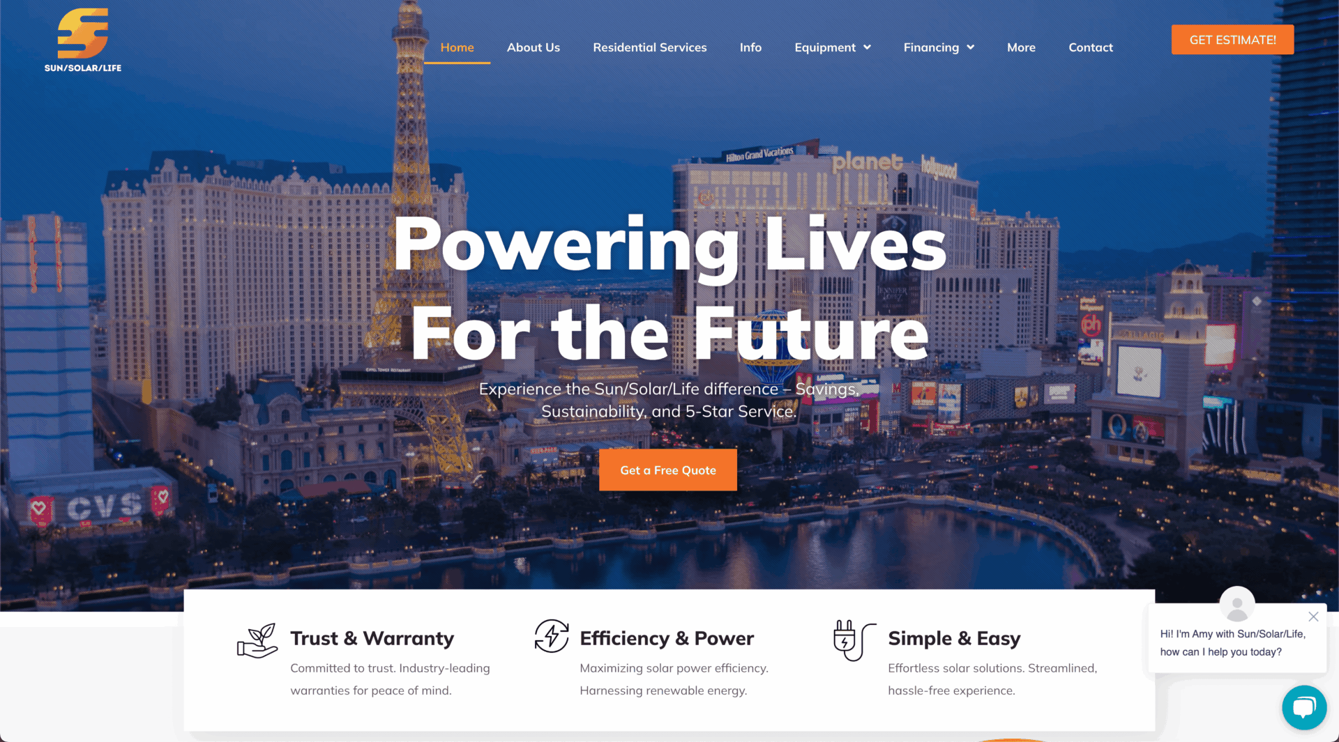 Website homepage for SunSolarLife featuring a nighttime city skyline with bright lights. The main text reads Powering Lives For the Future, and includes menu options and call-to-action buttons for quotes and customer service chat.