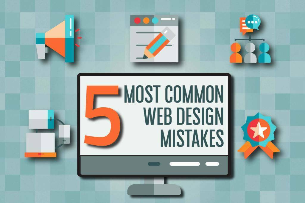 Illustration with a computer monitor displaying text: 5 Most Common Web Design Mistakes. Icons around it include a megaphone, pencil and paper, group of people, settings gear, and a badge with a star. Background is a light teal checkered pattern.