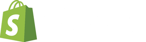 Shopify logo featuring a green shopping bag with a white S on it, next to the word shopify written in lowercase white letters.