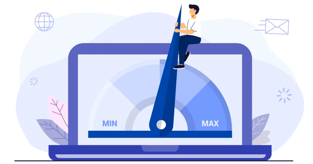 Illustration of a person sitting on a large gauge needle pointing to MAX on a laptop screen. The gauge spans from MIN to MAX. Background features include a globe, envelope, and abstract elements.