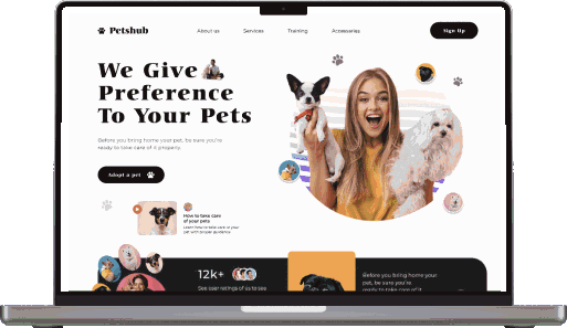 A laptop screen displays a pet-themed website. The header reads We Give Preference To Your Pets alongside images of smiling people with pets. The design includes various pet-related icons and sections, emphasizing pet services and care.