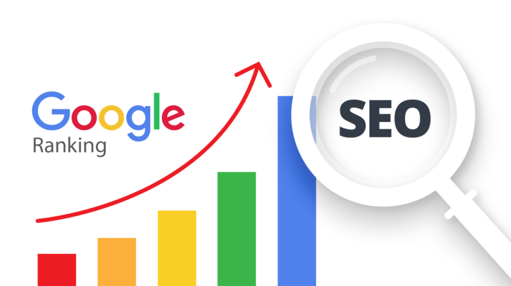 SEO strategies illustrated with a colorful graph showing upward trends, emphasizing business growth and improved Google rankings.