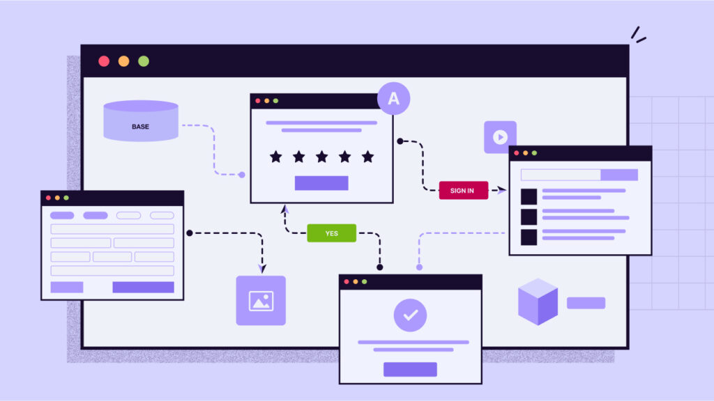 "Illustration depicting workflow automation in modern business, featuring digital interfaces, navigation, and a user-friendly design for efficiency."