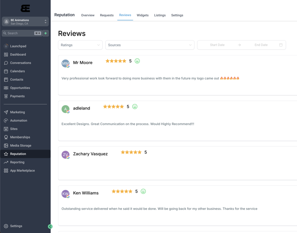 Screenshot showcasing positive customer reviews and ratings for business growth, highlighting excellent service and design feedback.