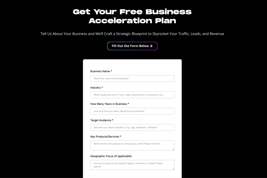 "Form for a free business acceleration plan, designed to enhance growth through tailored strategies for traffic, leads, and revenue."