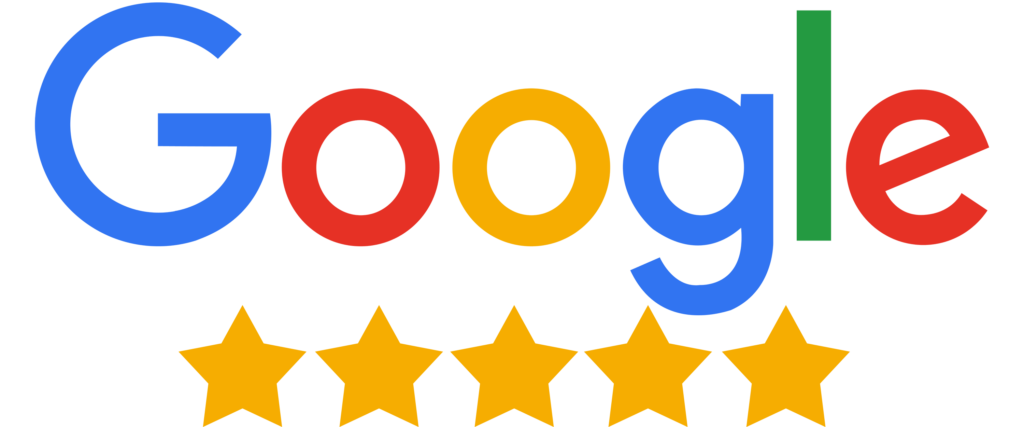 "Colorful Google logo with five golden stars, symbolizing high customer ratings and excellent service, set against a black background."