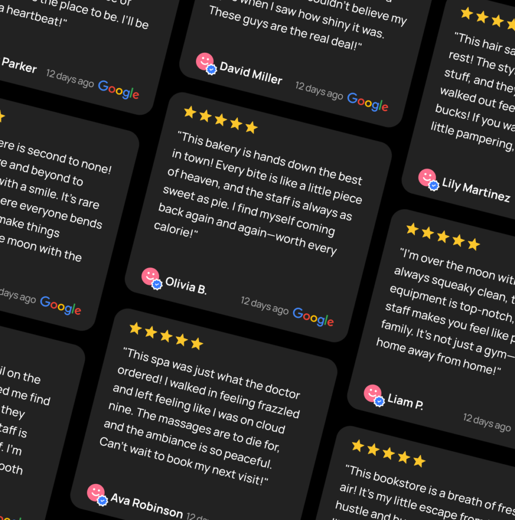 Customer reviews showcasing 5-star ratings for a business, highlighting excellent service and overall satisfaction, ideal for Google My Business optimization.