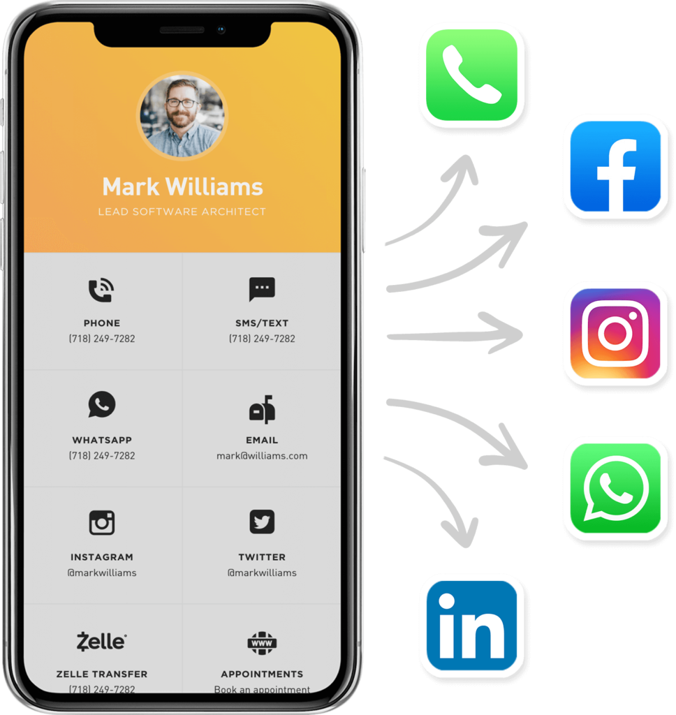 Digital business card illustration featuring contact details and social media icons on a smartphone screen. Ideal for networking and sharing information.