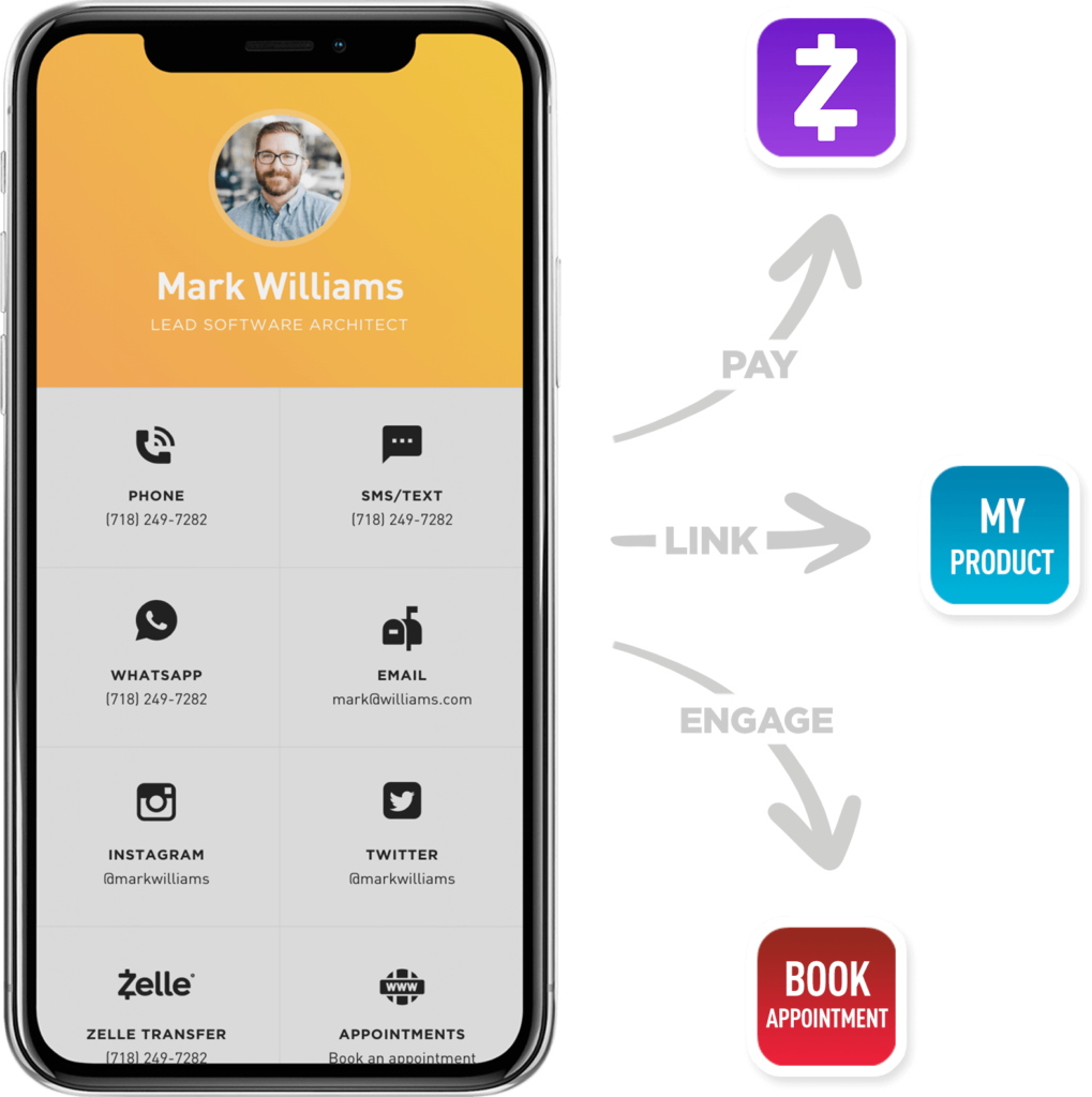 Digital business card illustration featuring contact options and payment links, showcasing a professional's information on a smartphone display.