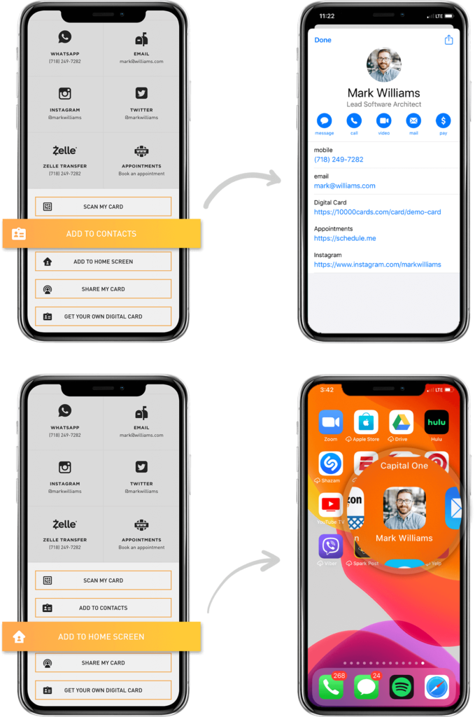 Illustration showcasing digital business cards on mobile devices, highlighting features like contact sharing and easy saving to home screens.