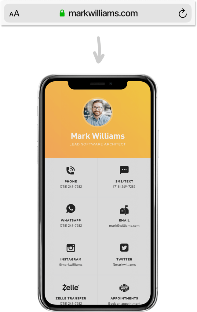 A digital business card displayed on a smartphone, featuring contact information for Mark Williams, Lead Software Architect.