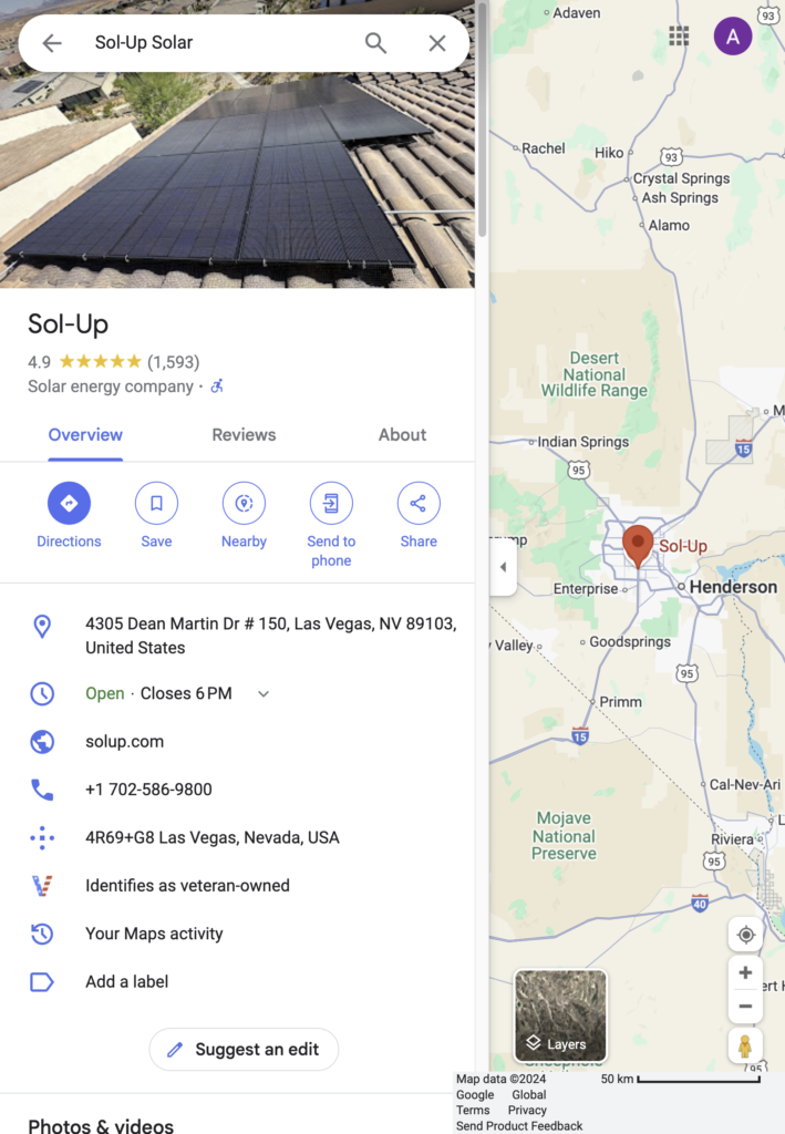 Screenshot showing a Google Maps listing for Sol-Up, a solar energy company in Las Vegas, NV. Includes contact info, business hours, and a map highlighting the location near Henderson and Spring Valley. Business is rated 4.9 stars.